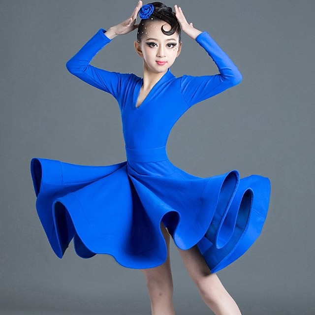  Latin Dance Kids' Dancewear Dress Pure Color Splicing Girls' Performance Training Long Sleeve High Polyester