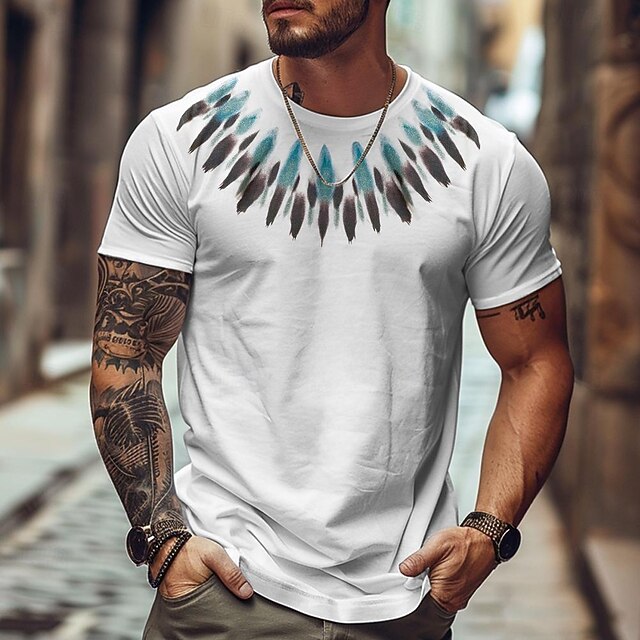 Men's Tribal T Shirt T shirt 3D Print Crew Neck Shirt Vacation Sports Fashion Vacation Casual Daily Light Blue White Summer Spring Clothing Apparel S M L XL 2XL 3XL 5