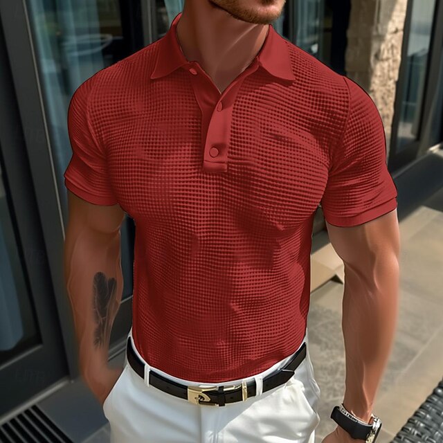  Hombre Camisetas polo con diseño de gofre Camisetas polo Casual Festivos Diseño Cuello polo acanalado Manga Corta Moda Básico Plano Botones Suave Verano Primavera Ajuste regular Gris Plateado