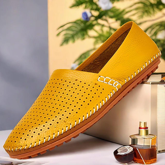 Men's Yellow Perforated Leather Slip-On Loafers with Hand-Stitched Detailing - Casual Breathable Driving Shoes for Summer 11