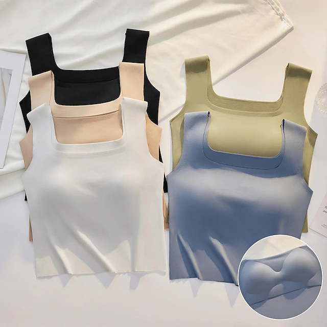 Women's Camisole Tank Top Basic Sleeveless Regular Tops Square Neck Black White Blue Green Beige Summer 15