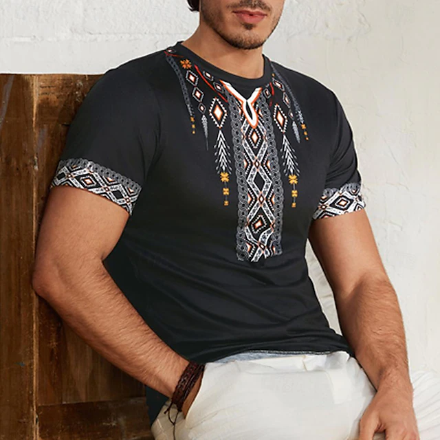 Men's Tribal Bandana Print T Shirt T shirt 3D Print Crew Neck Shirt Vacation Ethnic Athleisure Casual Hiking Black Summer Spring Clothing Apparel S M L XL XXL XXXL 5