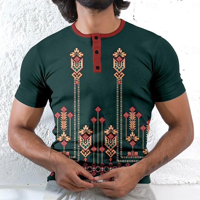 Men's Graphic Tribal T shirt 3D Print Vacation Fashion Daily Vacation Holiday Summer Spring Dark Green Henley Henley T-Shirt4