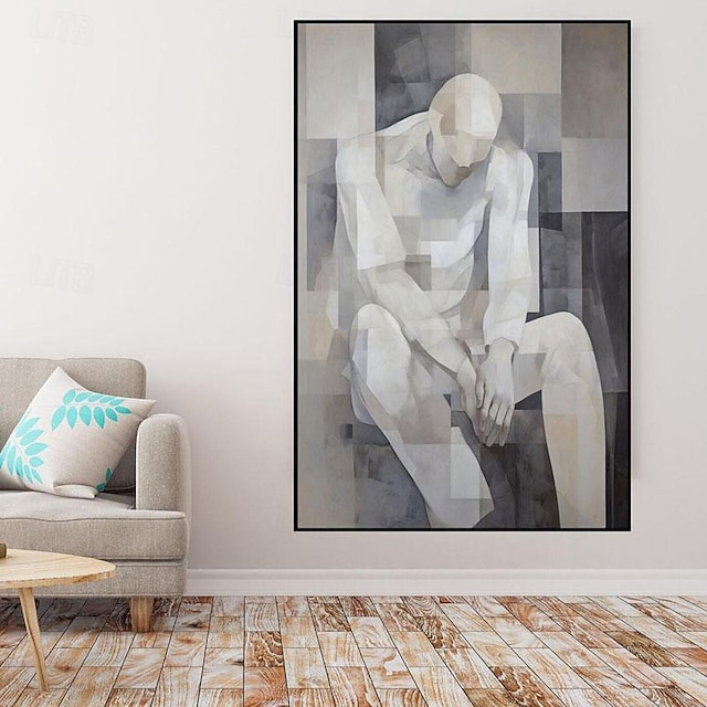  דמות אנושית מופשטת מצוירת ביד שחור ולבן אדם במרקם אקריליק שמן ציור קיר עיצוב סלון משרד אמנות קיר