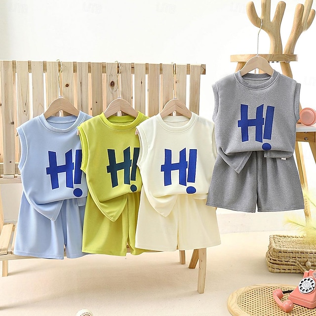  Hi Letter Print Short Sleeve Pant Sets Summer Baby Outfits Children Fashion Tee Soild Color Shorts Thin Cotton Clothes Tracksuit