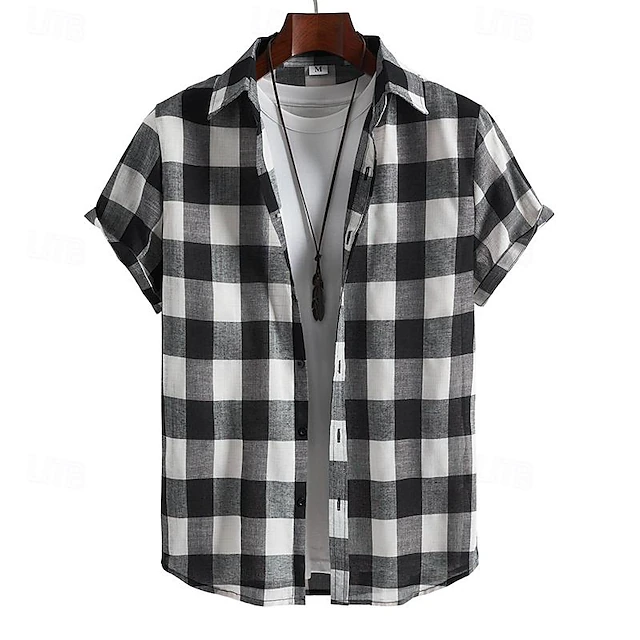 Men's Shirt Summer Shirt Casual Shirt Beach Shirt Button Up Shirt Checked Shirts Black Short Sleeve Plaid Turndown Vacation Hawaiian Clothing Apparel Polyester Fashion Casual Comfortable 7