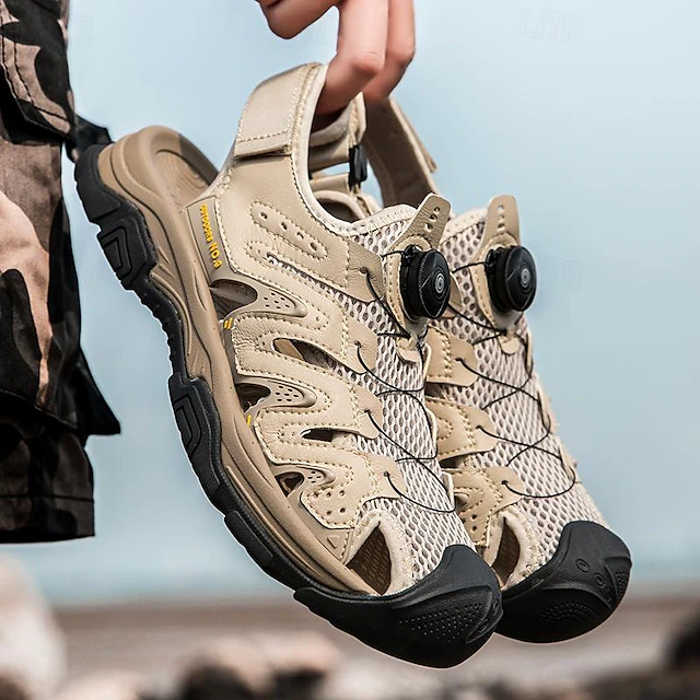 Men's Sandals Outdoor Hiking Sandals Casual Beach Leather Breathable Comfortable Slip Resistant Loafer Elastic Band Black Beige 9