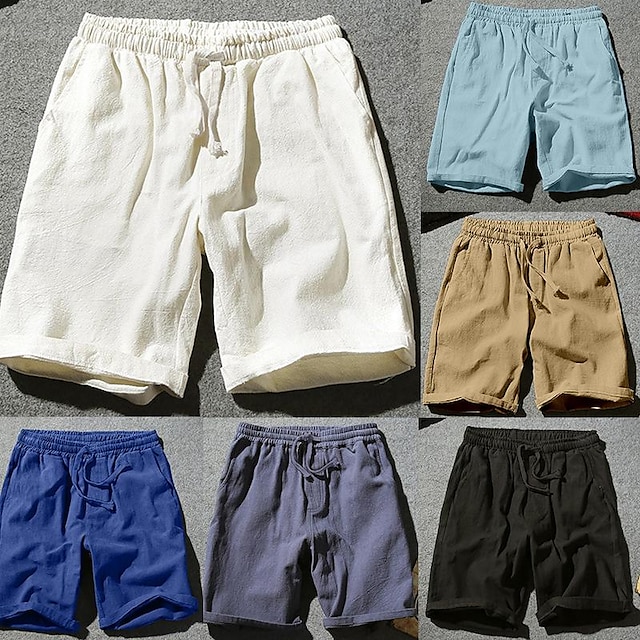  Homens Calção Shorts de linho Shorts de verão Bolsos Com Cordão Cintura elástica Tecido Conforto Ao ar livre Diário Para Noite Moda Roupa de rua Preto Branco