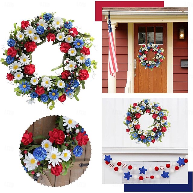 Patriotic Wreath For Front Door 4th July Independence Day Daisy Wreath 