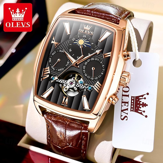  OLEVS Men Mechanical Watch Fashion Casual Wristwatch Automatic Self-winding Moon phase Luminous Calendar Leather Watch
