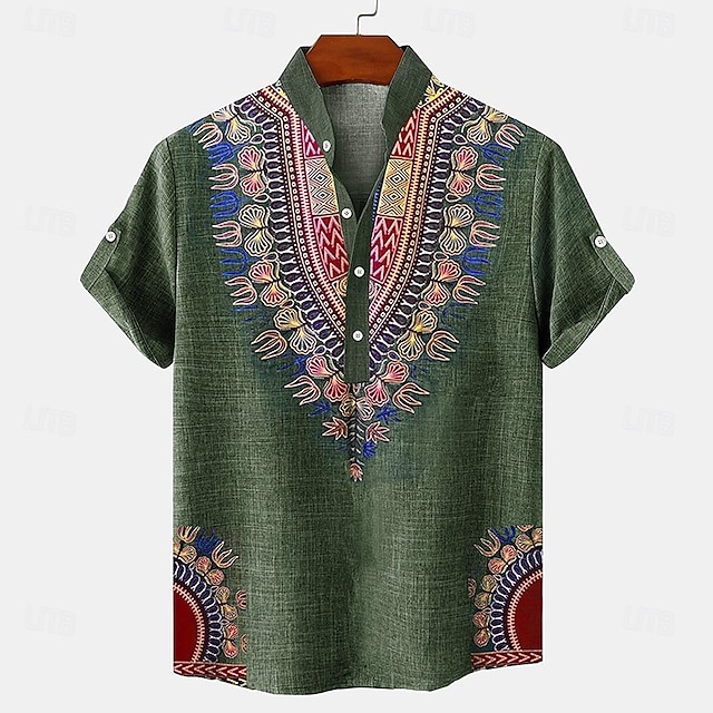  Homme Chemise Lin Chemise Henley Shirt chemises rétro Chemise Vintage Chemise ethnique Ethnique Vacances du quotidien Bleu Vert Manche Courte Col Mao Eté Printemps Vêtement Tenue Imprimer