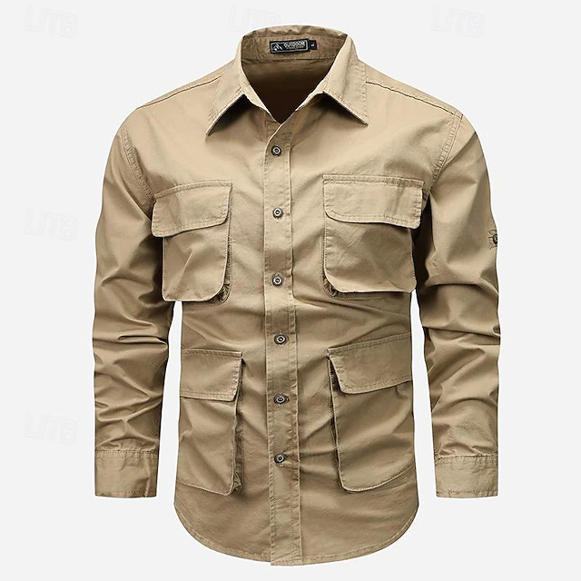 Men's Shirt Workwear Shirts Casual Shirt Work Shirt Button Up Shirt Cargo Shirt Black khaki Army Green Long Sleeve Plain Turndown Vacation Holiday Front Pocket Clothing Apparel Fashion Casual 13