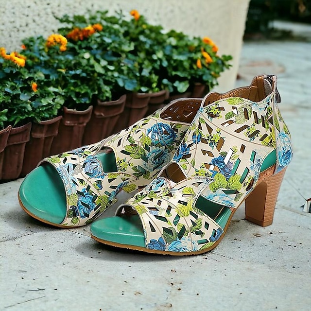  Damen Sandalen Blumen Plattform Blockabsatz Peep Toe Elegant Vintage Leder Reißverschluss Hellblau
