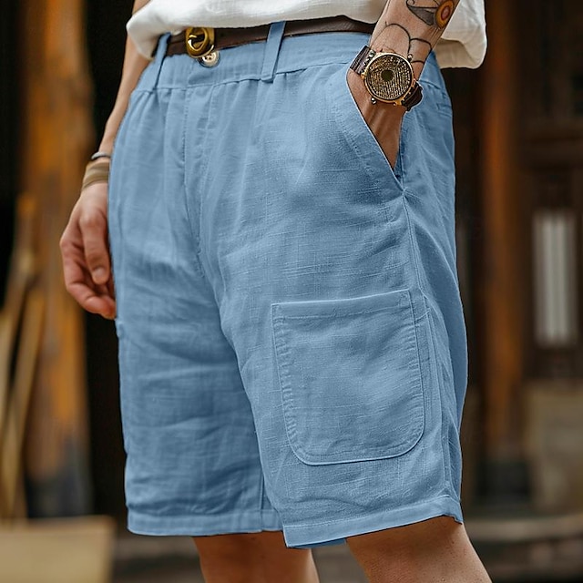  Herre Shorts Linneshorts Sommer shorts Lomme Frontlomme Lige ben Vanlig Komfort Åndbart Knælængde Fest udendørs Afslappet Mode Basale Hvid Blå