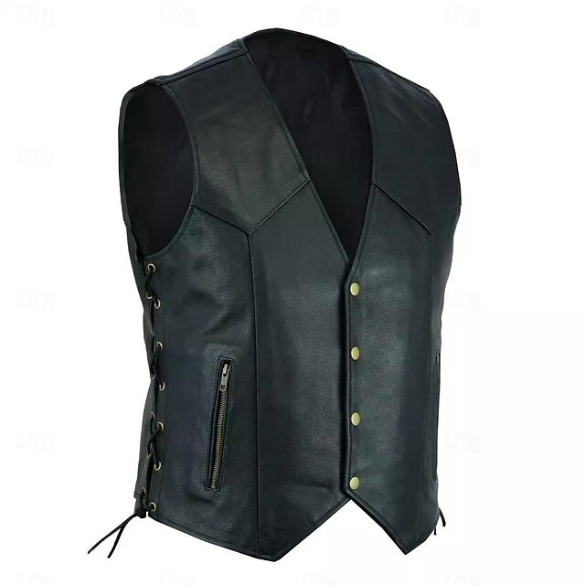 Male Vest Gilet Casual Daily Breathability Drawstring Summer Solid / Plain Color Streetwear V Neck Regular Faux Leather Black Jacket4