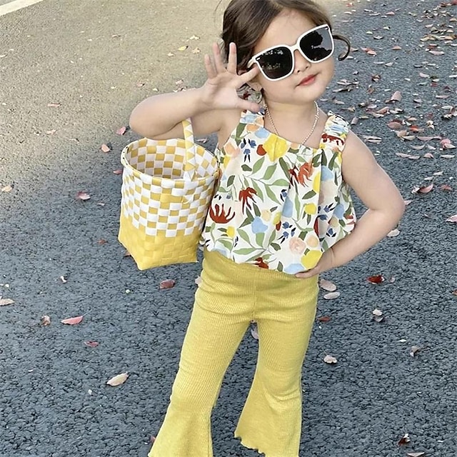  2 elementy Dzieci Dla dziewczynek Graficzny Komplet spodni Zestaw Bez rękawów Moda Na zewnątrz 3-7 lat Lato Żółty