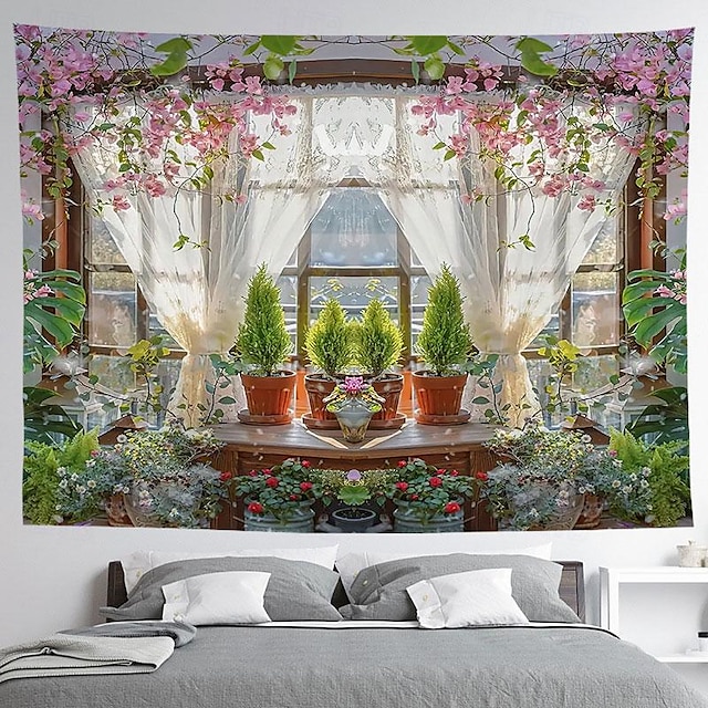  fantasia ikkuna kukkia roikkuu kuvakudos seinä taide iso kuvakudos seinämaalaus sisustus valokuva tausta peitto verho koti makuuhuone olohuoneen sisustus