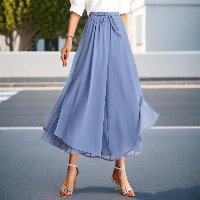 Women's Normal Wide Leg Swing Skort Elegant Casual Daily Ankle-Length High Waist Solid Colored Pleated Patchwork Elastic Waist Comfortable Micro-elastic Daily Wear Casual Daily Black White Blue 7
