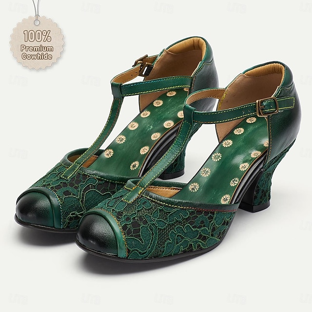  Women's Heels Retro Mary Jane Lace Cone Heel Chunky Heel Cuban Heel Round Toe Elegant Vintage Lace Leather Ankle Strap Green