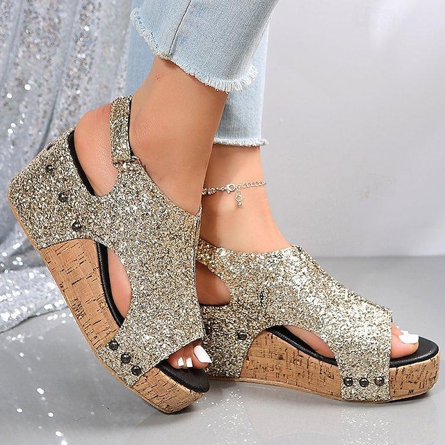  dámské sandály na klínku sandály na platformě bling bling boty retro zlaté stříbrné černé lesklé boty