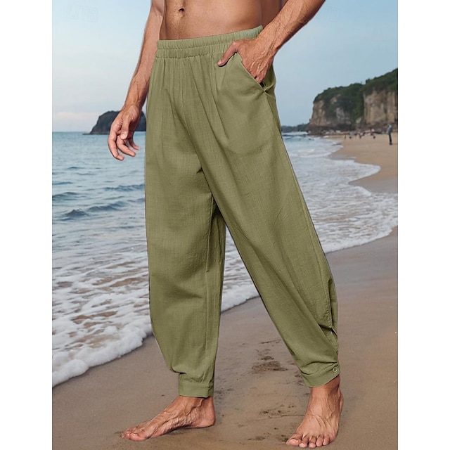  Men's Linen Pants Trousers Summer Pants Beach Pants Elastic Waist Plain Comfort Breathable Full Length Casual Daily Holiday Fashion Streetwear Black White