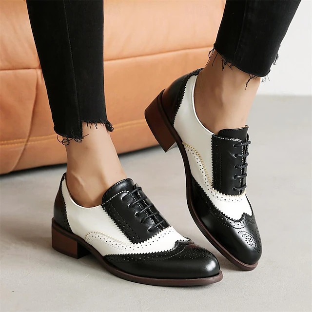 Women's Black White Wingtip Oxfords, Two - Tone Brogue Dress Shoes with Low Heel for Stylish Versatile Wear 13