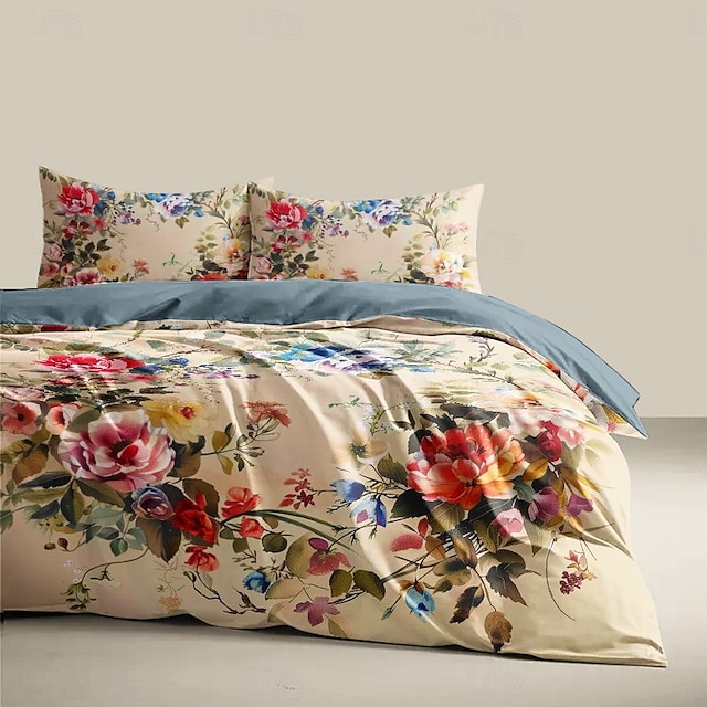  100% Cotton Colorful Floral Series Duvet Cover 3-Piece Set Short Fluff for Summer Soft Skin Friendly Comfy Lightweight