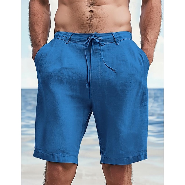  Men's Shorts Linen Shorts Summer Shorts Beach Shorts Pocket Drawstring Plain Breathable Soft Knee Length Daily Holiday Beach Stylish Casual White Blue Inelastic