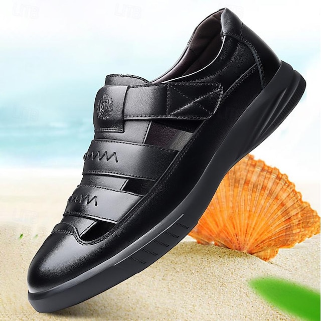  Men's Leather Sandals Black Brown Summer Fishermen Sandals Closed Toe Sandals Comfort  Casual Daily Office & Career  Breathable Magic Tape Shoes