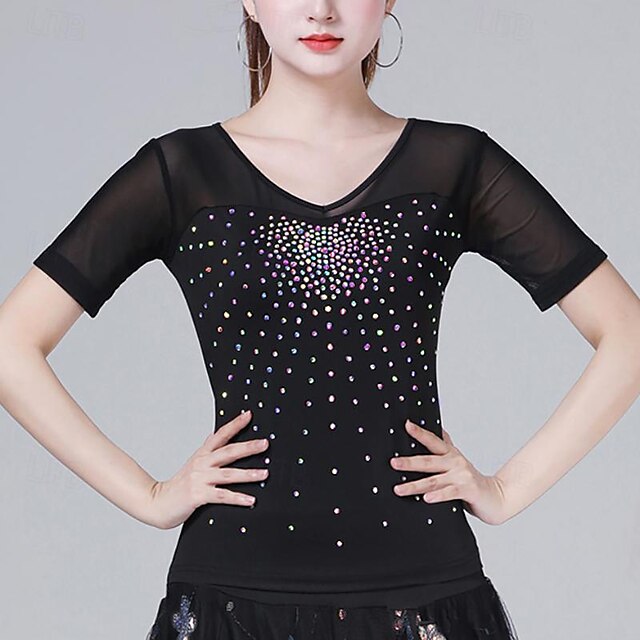  Latin Dance Ballroom Dance Top Pure Color Splicing Crystals / Rhinestones Women's Performance Training Short Sleeve High Terylene