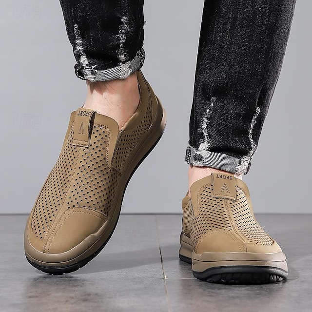  Hombre Zapatos de taco bajo y Slip-On Zapatos hechos a mano Zapatos de Paseo Casual Diario Cuero Transpirable Cómodo Amarillo Gris claro Verano Otoño