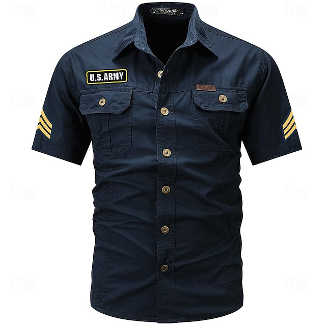  Men's Army Work Shirt Western Shirt Button Up Shirt Short Sleeve Casual Tactical Sports & Outdoor Going out Summer Spring Turndown Print Black Army Green Khaki Dark Blue Beige