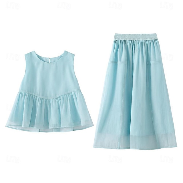  ２個 子供 女の子 純色 パンツスーツ セットする ノースリーブ ファッション アウトドア 3～7歳 夏 ブルー