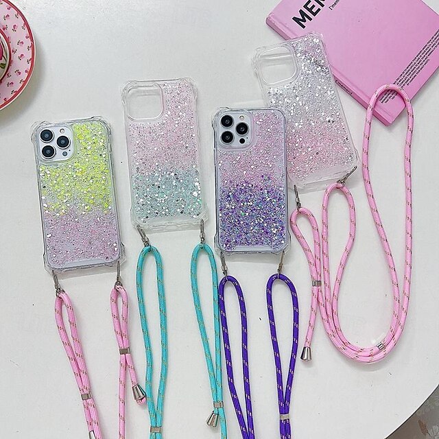  Phone Case For iPhone 15 Pro Max Plus iPhone 14 13 12 Pro Max Plus Back Cover with Lanyard Bling Glitter Shiny Shockproof Color Gradient TPU