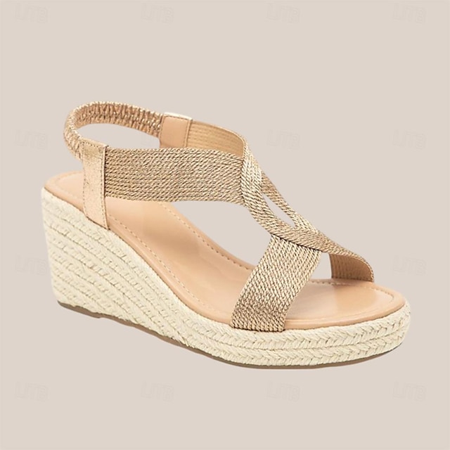  Women's Heels Sandals Boho Bohemia Beach Wedge Sandals Espadrille Party Vacation Beach Sequin Wedge Bohemia Vacation Microbial Leather Linen Elastic Band Gold