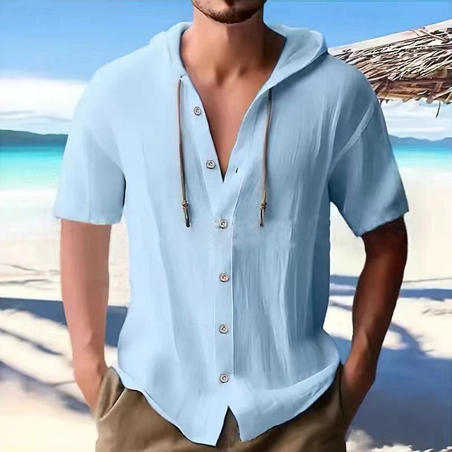  Voor heren Overhemd Zomer overhemd Normaal shirt Strand hemd Overhemd met knopen Zwart Wit Hemelsblauw Abrikoos Grijs Korte mouw Effen Capuchon Vakantie Hawaii Kleding Modieus Casual Comfortabel