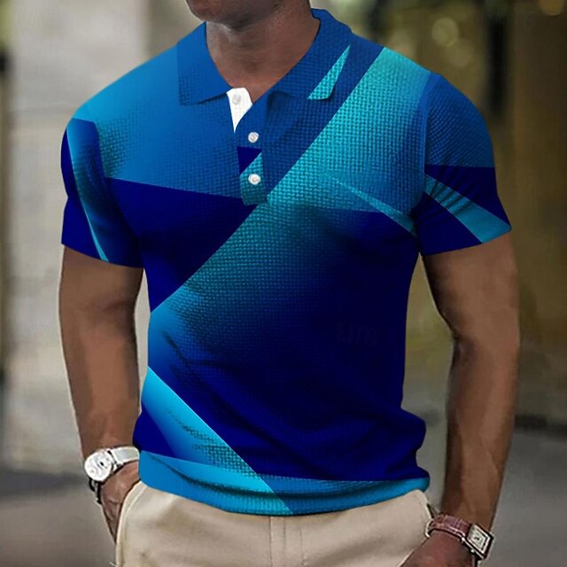 Men's Waffle Polo Shirts Golf Shirt Short Sleeve Polo Shirts Collared Shirts Casual Vacation Wear Formal Wear Festival Wear Buttons 3D Print Summer Spring Blue4
