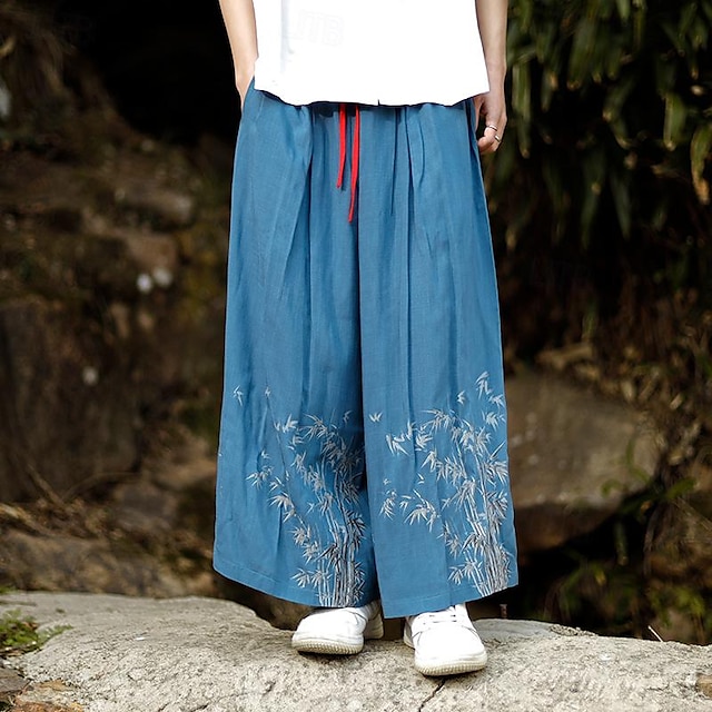  Voor heren Linnen broek Wijde broek Strandbroeken Patroon Ademend Enkellengte Feestdagen Strand Vakantie Bohémien Ruim Passend Zwart blauw Inelastisch