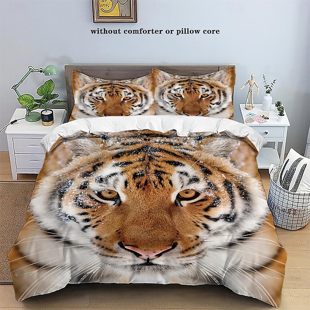  100 % bomull tigermönster tryckt påslakan set queen king size 3-delad sängkläder set 3d djur för vuxen sovrum gästrum mjukt bekvämt