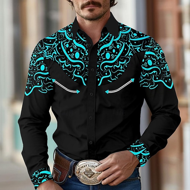  Per uomo Camicia Camicia Western Camicia da cowboy Manica Lunga Vintage Stile Western All'aperto Streetwear Casual Quotidiano Autunno & Inverno Collo ripiegato Bottoni Stampato Nero