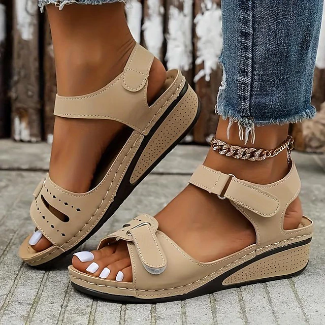 Women's Sandals Wedge Sandals Daily Vacation Chunky Heel Peep Toe Vacation Casual Comfort PU Magic Tape Black Red Brown 34