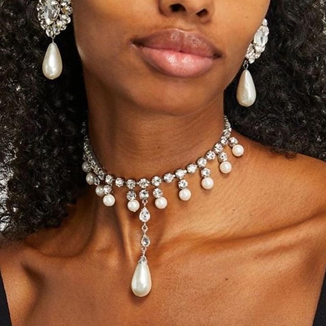  Bridal Jewelry Sets Two-piece Suit Imitation Diamond 1 Necklace Earrings Women's Cute Sweet Lovely Tassel Fringe Heart Precious Jewelry Set For Wedding Gift