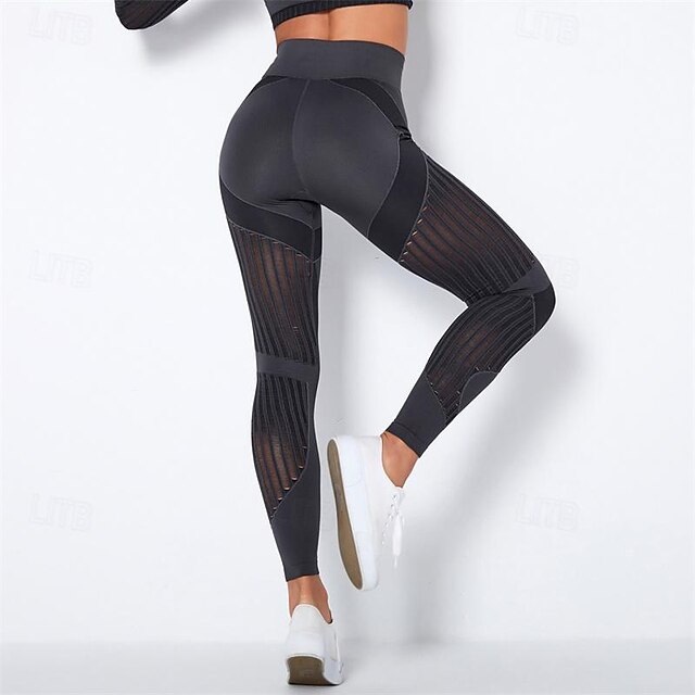  Women's Yoga Pants Yoga Leggings Mesh Patchwork High Waist Yoga Gym Workout Pilates Tights Color Block Dark Grey Black Army Green Spandex Sports Activewear Stretchy Slim