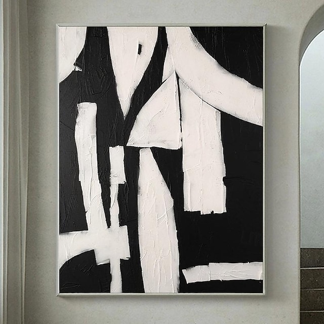  Handpainted White Black Textured Painting Oversized 3D handmade Abstract Geometric Wall Art painting Large Minimalist black white textured Painting for Living Room bedroom Wall Decor Abstract Art