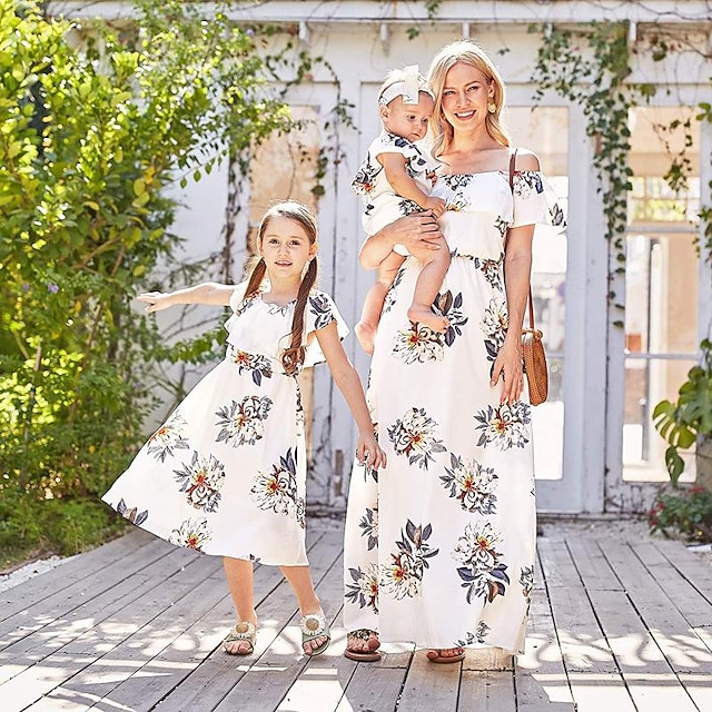  Mamãe e eu vestidos florais com decote em barra vestido de chiffon de praia mamãe mamãe e eu vestido solto roupas combinando para a família