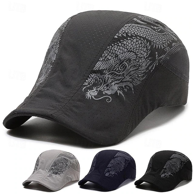 Men's Beret Hat Sun Hat Trucker Hat Black Navy Blue Polyester Fashion Casual Street Daily Dragon Adjustable Sunscreen Breathable 11