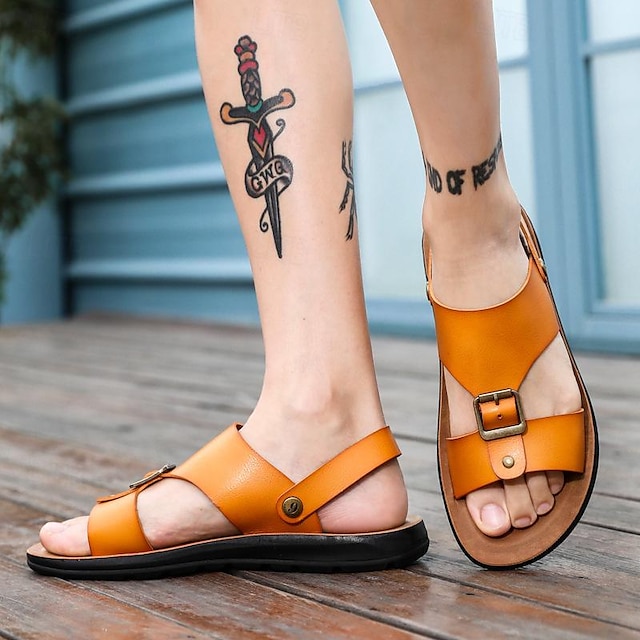  Sandales en similicuir à boucle pour homme – Chaussures plates décontractées à bout ouvert pour l'été, pour la plage, la marche et le quotidien