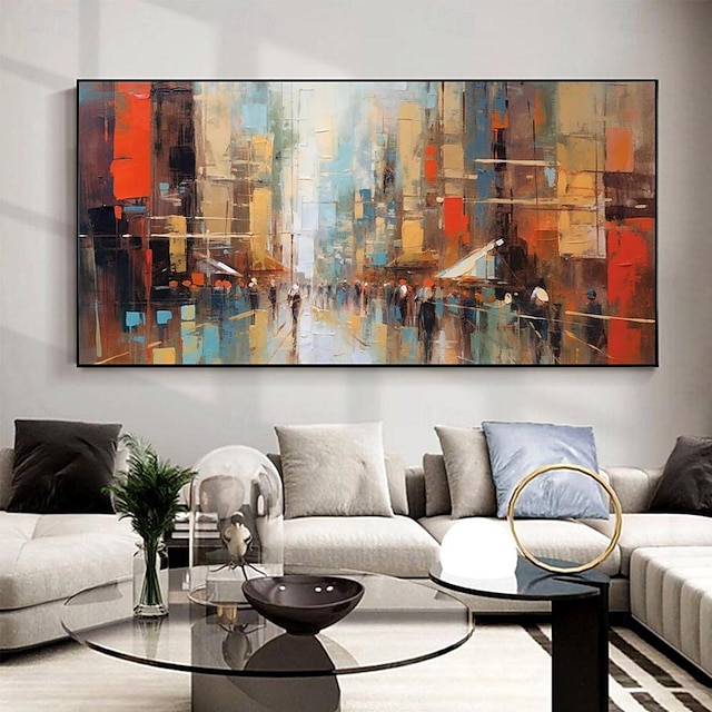  Pintura al óleo hecha a mano, lienzo, arte de la pared, decoración, paisaje urbano arquitectónico abstracto moderno para el hogar, decoración para sala de estar, pintura enrollada sin marco y sin