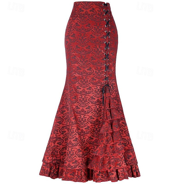  Retro Vintage Medieval Renascentista Vestido plissado Saia Garota gótica Mulheres Com Babados Flor Baile de Máscaras Festa / Eventos Saia