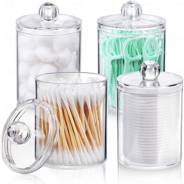  4 PACK Qtip Holder Dispenser for Cotton Ball Cotton Swab Cotton Round Pads Floss Picks - Small Clear Plastic Apothecary Jar Set for Bathroom Canister Storage Organization Vanity Makeup Organizer